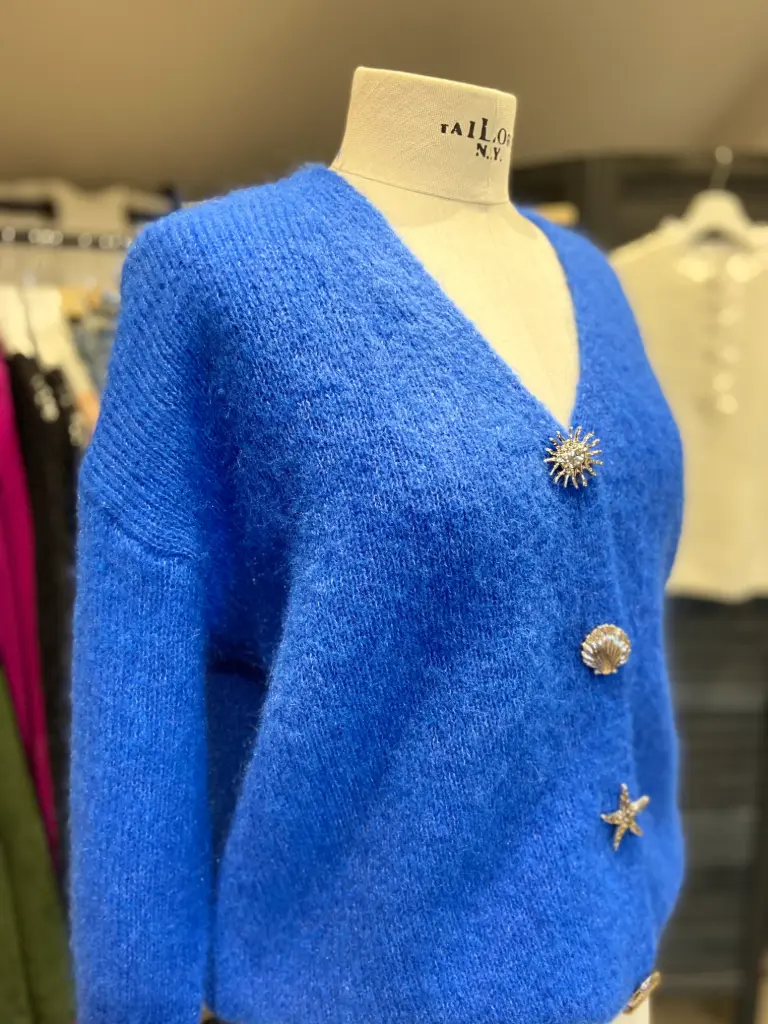 Blauw gebreid vest met detailknopen