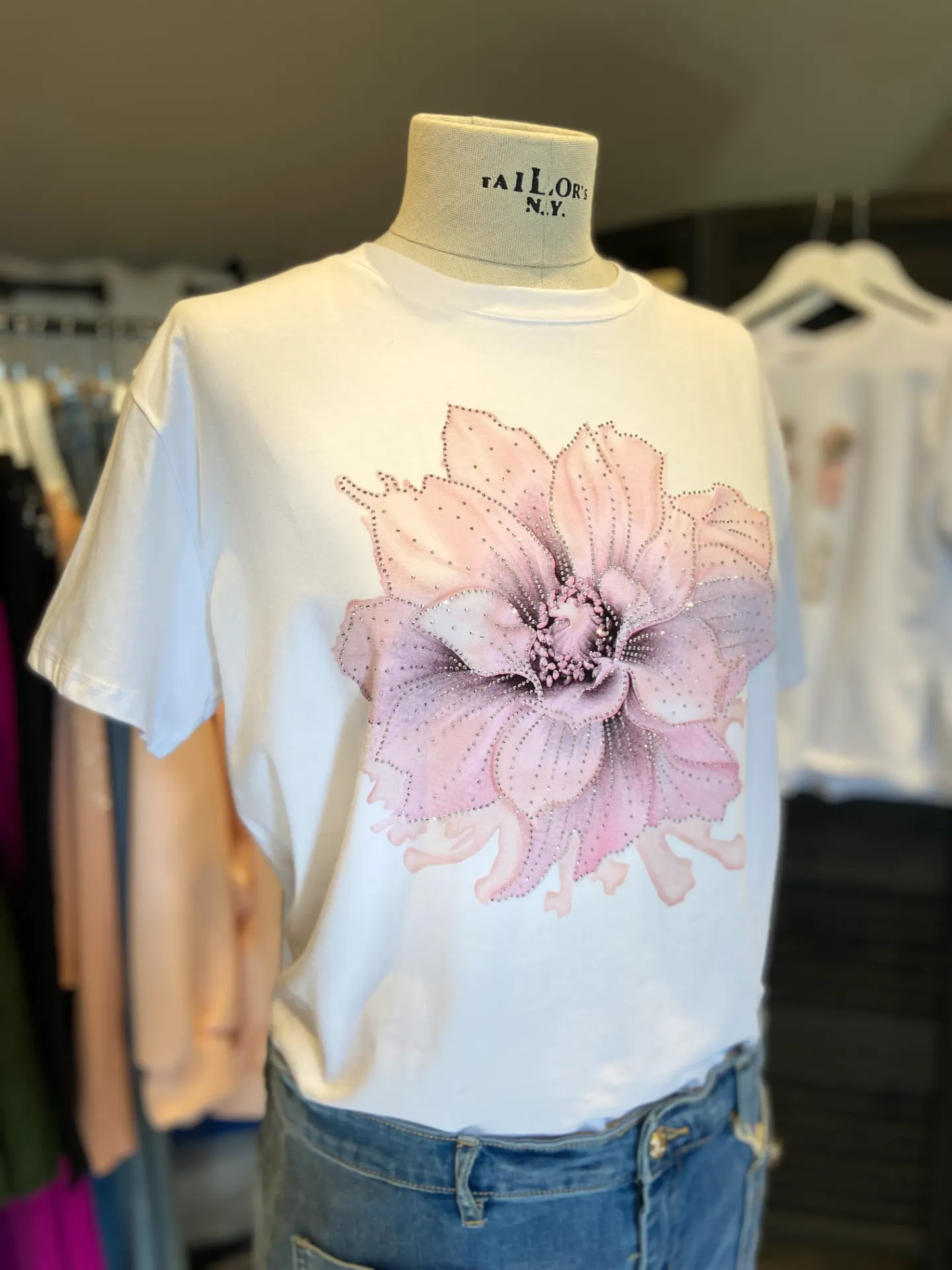 Wit t-shirt roze bloem strass